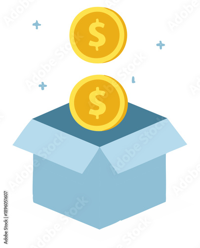 Box with coins and stars. Business saving, investment, or donation concept