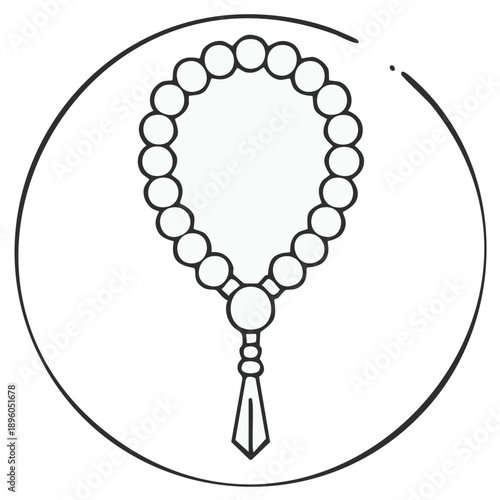 Prayer Beads Illustration within Round Circle Outline. Religious Meditation Accessory. Line Art.