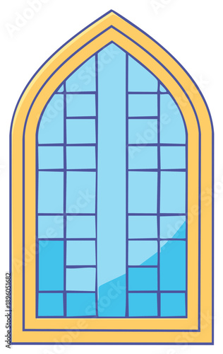 Illustration of a stylized window with blue glass and a yellow frame