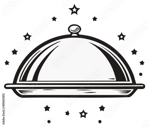 Shiny silver cloche with stars, isolated design element for food service, celebration, or restaurant.