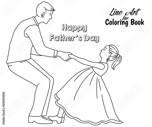 Happy Father’s Day: Dancing with Daddy Line Art  Vector Illustration for Coloring Book