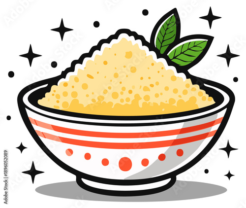 Wholesome Bowl of Golden Grains Topped with Fresh Green Leaves Sparkle