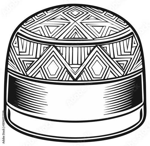 Traditional Islamic kufi cap with geometric pattern in black and white line art