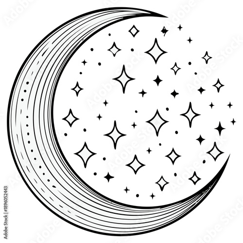 Whimsical crescent moon and starry night sky illustration with hand-drawn celestial elements
