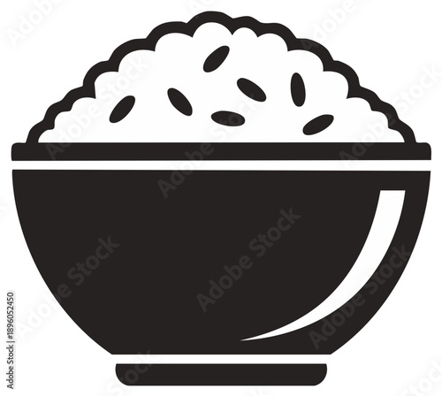 Black and white icon of a bowl of cooked rice a staple food for many cultures