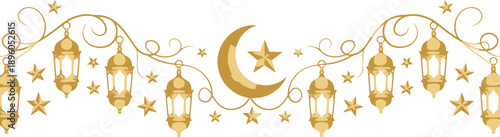 Golden ramadan lanterns and crescent moon border decoration with stars and swirls
