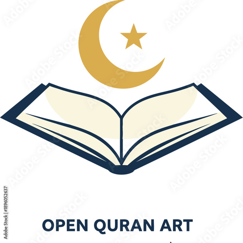 Islamic symbolism open quran with gold crescent moon and star above, religious iconography