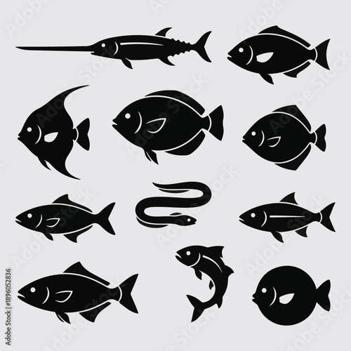 Collection of Minimal Flat Fish Icons and Aquatic Animal Symbols