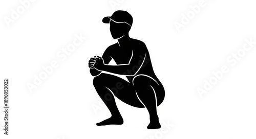 Silhouette of a person wearing a baseball cap crouching down.