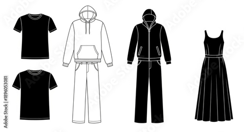Collection of Black and White Fashion Apparel Illustrations.