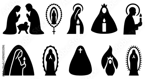 Virgin Mary and Holy Family Religious Silhouette Icon Set on White Background