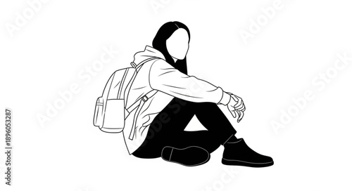 Young Person Sitting With Backpack Line Art.