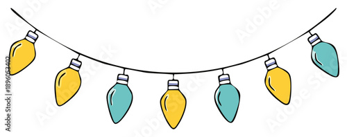 Hand-drawn string of decorative lights in yellow and blue, holiday celebration design