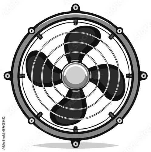 Vintage Electric Fan with Black Blades and Metal Grill Isolated on White Background