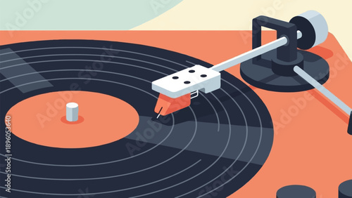 Isometric view of a vintage record player playing a vinyl disc