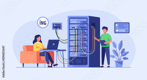 IT professionals working in a data center with servers and computers