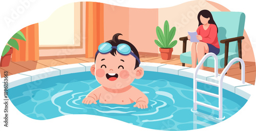 Joyful child swims in pool while woman reads book nearby