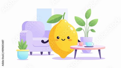 Kawaii lemon character in a cozy living room with plants and tea
