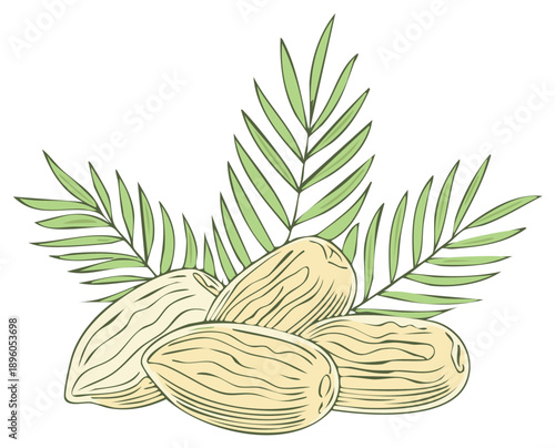 Sweet Dates Fruit with Fresh Green Palm Leaves Hand-Drawn Vector Illustration