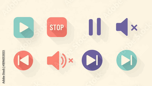 Minimalist media player interface icons with pastel colors and long shadows