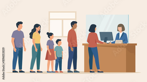 People Queueing at Bank Counter Side View Flat Vector Illustration