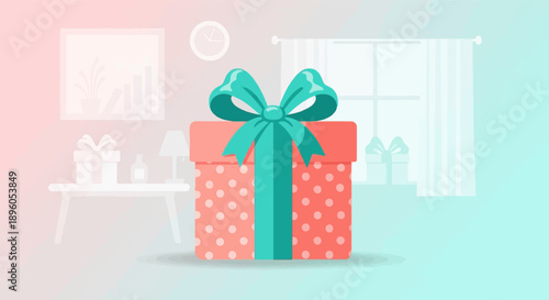 Large gift box with ribbon in a room with subtle decor and a window