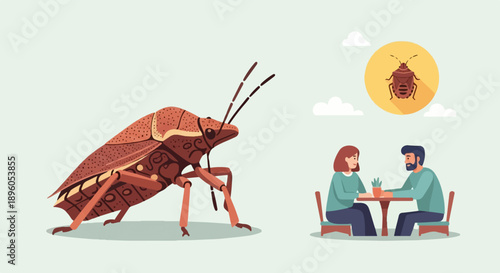 Large insect looms over couple at cafe table with icon of insect