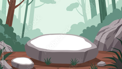 Large flat rocks with white centers sit in a serene, misty forest setting