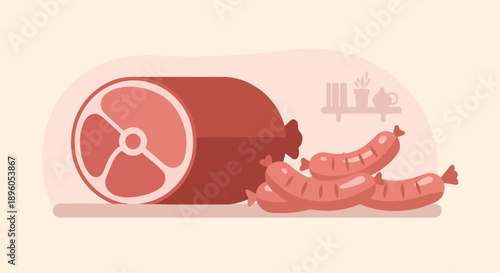 Large meat product and sausages on a shelf with kitchen decor