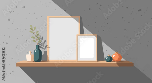 Minimalist shelf display with two frames, vase with plant, and ornaments