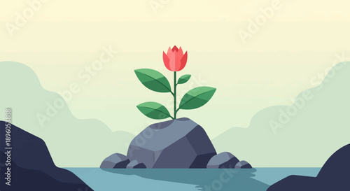 Minimalist scene of a red flower blooming from a rock in calm blue water