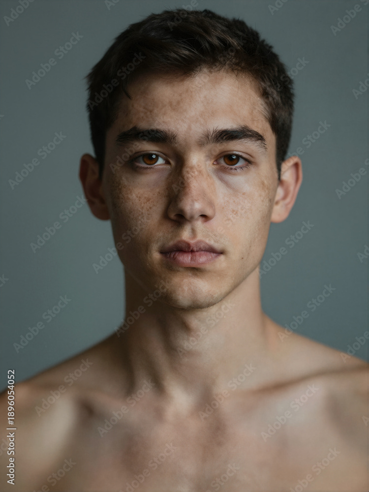 Fototapeta premium Close Up Portrait Of Shirtless Young Man With Prominent Freckles Looking At Camera For Skincare And Diversity Concept