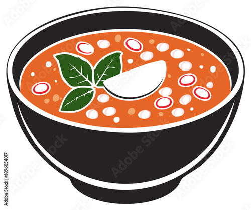 Flavorful bowl of hearty orange soup with white beans and radish slices topped with fresh basil and a dollop of cream