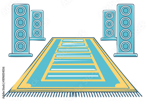 Flat design illustration of a home entertainment system with four large speakers and patterned carpet.
