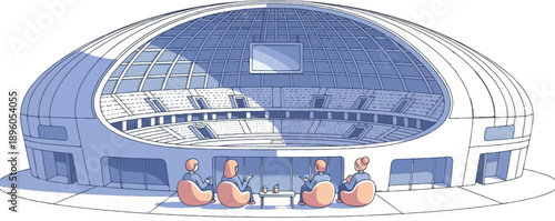 Modern stadium with seating, a screen, and people relaxing in comfortable chairs