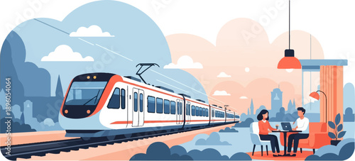 Modern train speeds past a cafe where people work on laptops