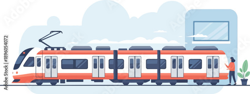 Modern train at station with passenger and stylized background