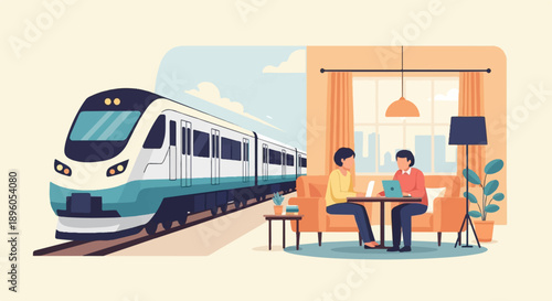 Modern train speeds past a cozy living room with two people working