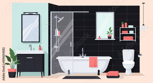 Modern bathroom with bathtub, shower, sink, toilet, and plants