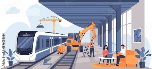 Modern train station under construction with workers and commuters