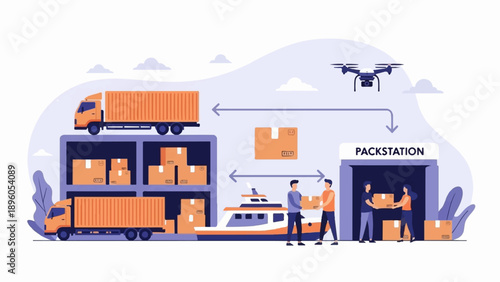 Logistics network with trucks, drone, boat, and packstation for package delivery
