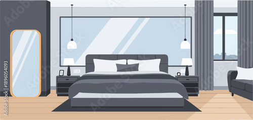 Modern bedroom with large mirror, bed, nightstands, and window view