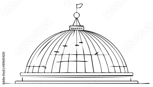 Simple sketch of a domed building with flagpole adornment conveying an architectural design or artistic illustration of structure