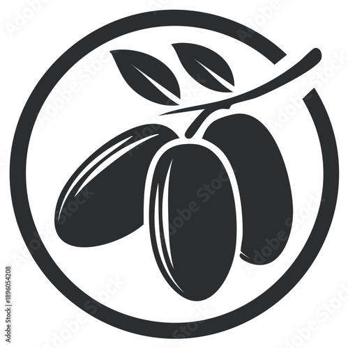 Circular emblem featuring a minimalist branch with three dark oval olives and green leaves