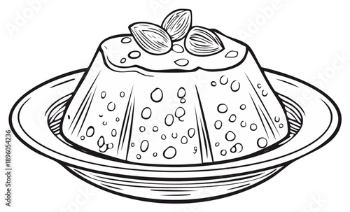 Illustration of custard dessert with almonds served on patterned dish