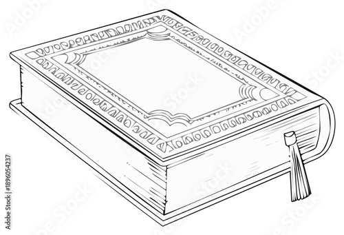 Detailed illustration of an antique book, featuring decorative cover and tassel, isolated
