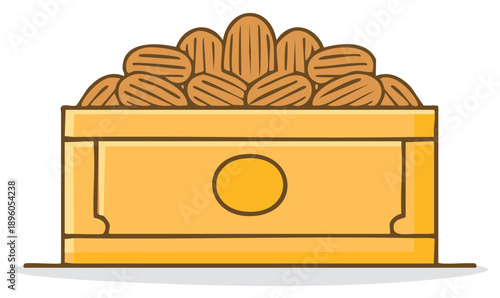 Cartoon illustration of a wooden box overflowing with delicious almonds