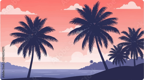 Palm trees silhouetted against a coral and pink sky by the ocean