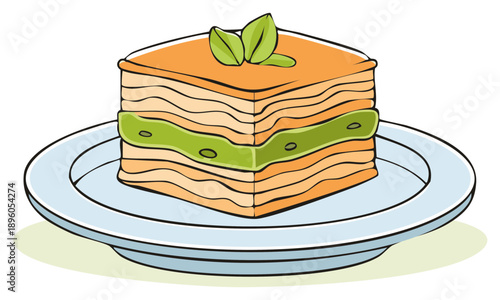 Delicious traditional oriental sweet layered pastry dessert pistachio filling fresh leaves plate