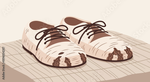 Pair of worn, dirty oxford shoes with laces on a patterned surface